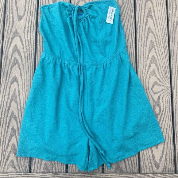 NWT Old Navy Textured O-Ring Halter Romper Size m teal aqua strapless keyhole - Picture 3 of 8